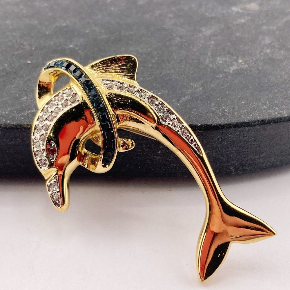 BUTLER Vintage gold tone metal leaping dolphin brooch ~ Signed rhinestone pin